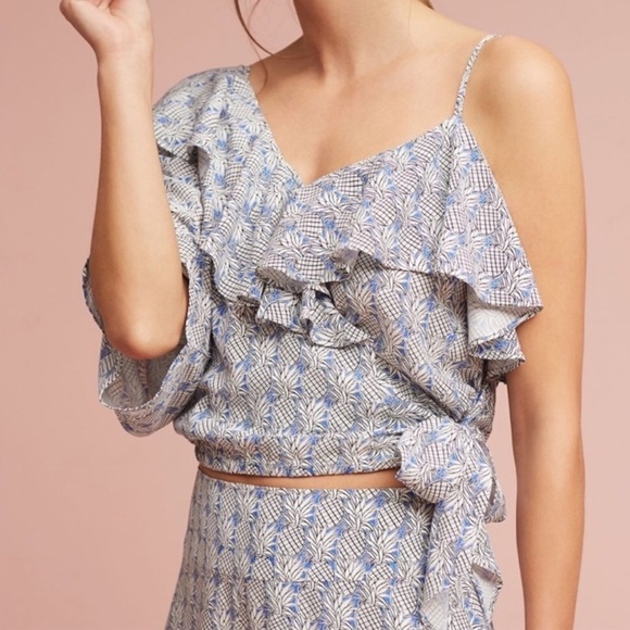 Anthropologie Maeve Pineapple Wrapped Ruffle Crop Size Medium - Picture 1 of 10